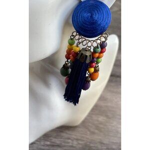 Vintage Earrings Large Long Blue Multi Color Boho Circle Clip On Fringe 80s 90